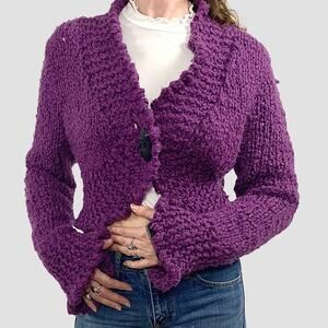 Purple Crochet Chunky Loose Knit Cropped Cardigan Sweater Sz M